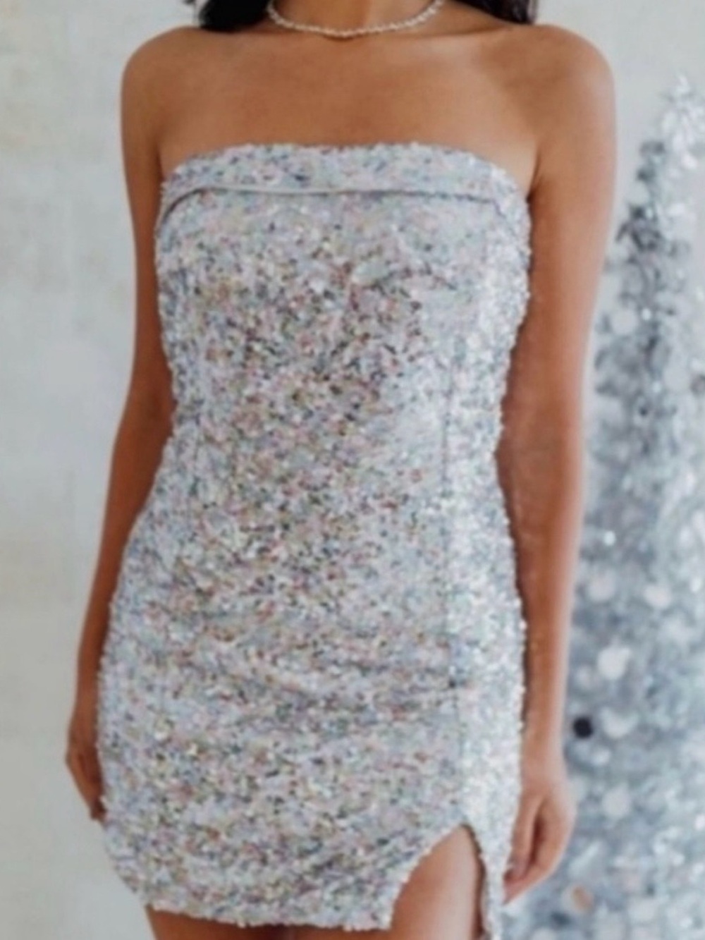 Mable Silver Allover Sequin Bodycon Strapless Mini Dress Front Slit Size Large